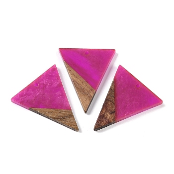 Resin & Wood Pendants, Inverted Triangle Charms, Fuchsia, 37x31x3.5mm, Hole: 2mm