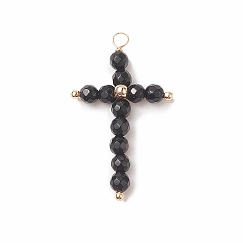 Natural Black Onyx(Dyed & Heated) Faceted Round Copper Wire Wrapped Pendants, Cross Charms, Light Gold, 38x23x5mm, Hole: 2.5mm