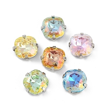 Brass Glass Rhinestone Sew on Rhinestones, Square, Faceted, Mixed Color, Platinum, 11.5x11.5x6mm, Hole: 0.8mm