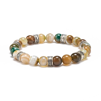 Natural Striped Agate Round Beaded Stretch Bracelet, Gemstone Jewelry for Women, Antique Silver, Inner Diameter: 2 inch(5.2cm)
