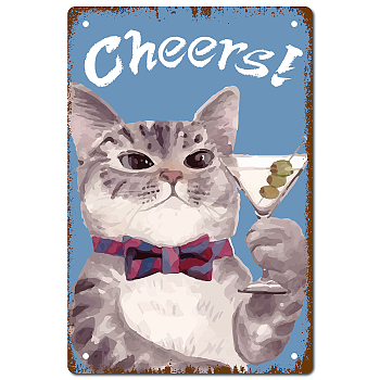 Tinplate Sign Poster, Vertical, for Home Wall Decoration, Rectangle with Word Cheers, Cat Pattern, 300x200x0.5mm