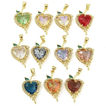 Rack Plating Brass Micro Pave Clear Cubic Zirconia Pendants, with Glass, Long-Lasting Plated, Cadmium Free & Lead Free, Real 18K Gold Plated, Heart Charms, Mixed Color, 30x17x9.5mm, Hole: 4.5x3.5mm