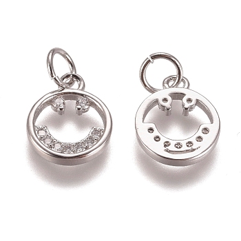 Brass Micro Pave Clear Cubic Zirconia Charms, with Jump Rings, Smiling Face, Platinum, 12x10x2mm, Hole: 3mm