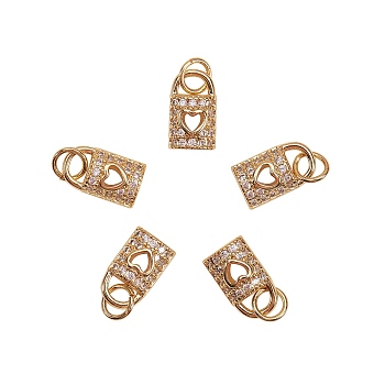 Brass Micro Pave Clear Cubic Zirconia Charms, with Jump Rings, Long-Lasting Plated, Lock with Heart, Golden, 1x6.5x3mm, Hole: 3.5mm