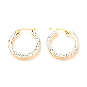 304 Stainless Steel Hoop Earrings, with Polymer Clay Rhinestones, Flat Ring Shape, Golden, 27x25x2.6mm, Pin: 0.7mm
