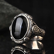 Oval Natural Dyed & Heated Black Agate Finger Rings, Alloy Wide Band Finger Rings for Men, US Size 9(18.9mm)(PW-WG03CB0-01)