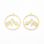 201 Stainless Steel Pendants, Ring with Mountain Charm, Real 18K Gold Plated, 27.5x26x1mm, Hole: 1.4mm(A-STAS-N090-LA911-2)