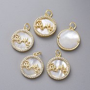 Brass Micro Pave Cubic Zirconia Pendants, with Shell and Jump Rings, Flat Round with Word MAMA, For Mother's Day, Golden, 18x15.5x3mm, Hole: 3.5mm(KK-I656-52G)