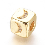 Brass Beads, with Micro Pave Cubic Zirconia, Cube with Moon, Clear, Golden, 6x6x6mm, Hole: 3mm(KK-I657-01G)