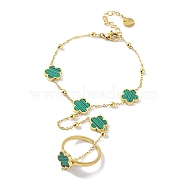 Ion Plating(IP) 304 Stainless Steel Ring Bracelets, Flower Synthetic Malachite Link Chain Bracelets with Open Cuff Rings, Golden, 6-3/4 inch(17cm)(BJEW-H606-08G)
