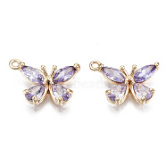 Real 18K Gold Plated Brass Micro Pave Cubic Zirconia Pendants, Nickel Free, Butterfly, Lilac, 10.5x15x3mm, Hole: 1.2mm(KK-T056-59G-02-NF)