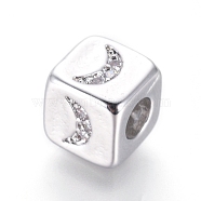 Brass Beads, with Micro Pave Cubic Zirconia, Cube with Moon, Clear, Platinum, 6x6x6mm, Hole: 3mm(KK-I657-01P)