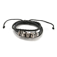 Braided PU Leather & Waxed Cords Triple Layer Multi-strand Bracelets, Alloy Beaded Bracelets, Inner Diameter: 2-1/4~3-3/4 inch(5.7~9.5cm)(BJEW-P329-10B-AS)