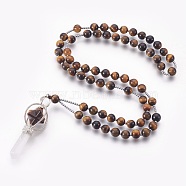 Alloy Pendant Necklace, with Natural Tiger Eye Beads, Star with Bullet, 29.52 inch(75cm)(NJEW-E129-01A)