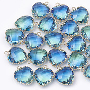 K9 Glass Pendants, Imitation Tourmaline, with Golden Tone Brass Findings, Faceted, Heart, Deep Sky Blue, 20x16.5x8mm, Hole: 2mm(GLAA-Q069-11A)