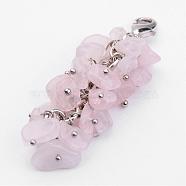 Natural Chip Rose Quartz Pendant Decorations, with Brass Lobster Claw Clasps, Platinum, Pink, 53mm(HJEW-JM00214-01)