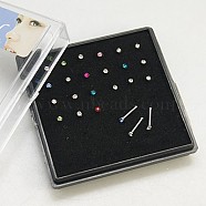 304 Stainless Steel Nose Studs, Nose Bone Rings Nose Piercing Jewelry, with Grade A Rhinestones, Stainless Steel Color, Mixed Color, 9mm, Pin: 20 Gauge(0.8mm), Rhinestone: 1.8mm, 24pcs/box(AJEW-D006-3A)