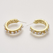 Alloy Ear Studs, with ABS Plastic Imitation Pearl and 925 Sterling Silver Pins, Carved with S925, Light Gold, 27~28.5x24mm, Pin: 0.6mm(X-PALLOY-S121-256)