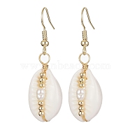 Natural Shell & Pearl Dangle Earrings, Brass Wire Wrap Earrings, Golden, 44x13.5mm(EJEW-JE05435)
