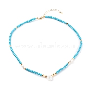 Natural Shell Initial Pendant Necklaces, with Synthetic Turquoise Beads and Natural Pearl Beads, Letter O, Golden, Deep Sky Blue, 17.12 inch(43.5cm)(NJEW-JN03405-03)