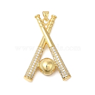 Rack Plating Brass Micro Pave Cubic Zirconia Pendants, Long-Lasting Plated, Lead Free & Cadmium Free, Baseball Charms, with Jump Ring, Real 18K Gold Plated, 39x26x8mm, Hole: 4x3mm(ZIRC-F142-32C-G)