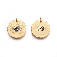 Brass Micro Pave Cubic Zirconia Pendants, Lead Free & Cadmium Free, Flat Round with Eye, Colorful, Matte Gold Color, 19x19x2mm, Hole: 3.5mm(KK-O188-15MG)