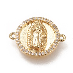 Brass Links Connectors, with Micro Pave Clear Cubic Zirconia, Flat Round with Virgin Mary, Real 18K Gold Plated, 15x19x3mm, Hole: 1mm(ZIRC-L099-020G)