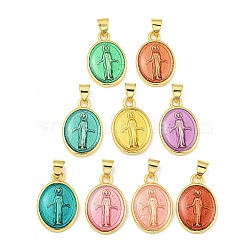 Rack Plating Brass Enamel Pendants, Cadmium Free & Lead Free, Real 18K Gold Plated, Long-Lasting Plated, Oval with Virgin Mary Pattern, Mixed Color, 19x13x3mm, Hole: 3.5x4.5mm(KK-Z053-22G)