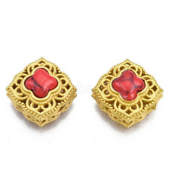 Brass Beads, with Synthetic turquoise, Matte Style, Flower, Matte Gold Color, Dyed, Red, 14x13.5x7mm, Hole: 1.7mm(KK-N238-032A)