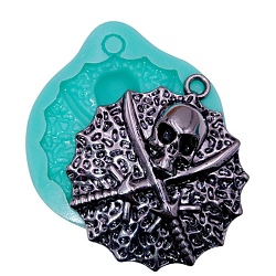 Flat Round with Skull & Sword Pendant Food Grade Silicone Molds, Resin Casting Molds, for UV Resin, Epoxy Resin Jewelry Making, Turquoise, 59x54x15mm, Hole: 4mm, Inner Diameter: 52x45.5mm(DIY-M040-04)