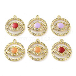 Brass Micro Pave Clear Cubic Zirconia Pendants, with Enamel, Real 18K Gold Plated, Round Ring with Horse Eye Charm, Mixed Color, 23x20x4mm, Hole: 1.8mm(KK-F871-13G)