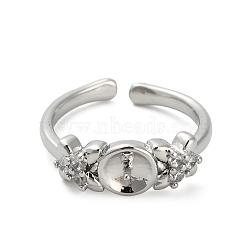 Adjustable Brass Cuff Rings, Open Rings Components, with Cubic Zirconia, Cadmium Free & Lead Free, For Half Drilled Beads, Flower, Platinum, Tray: 6mm, 17mm, Pin: 1mm(ZIRC-F076-02P)