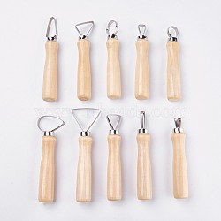 Pottery Sculpting Tool Set, Stainless Steel Wooden Thick Handle Flat Wire Cutter Clay Sculpting Tool Kit, BurlyWood, 11.9~14x1.3~4.4cm, 10pcs/set(TOOL-WH0064-02)