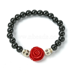 Halloween Theme 8.5mm Synthetic Black Stone Beaded Stretch Bracelets, Flower & Resin and Dyed Synthetic Turquoise Skull Bracelets, Creamy White, Inner Diameter: 2-1/4 inch(5.8cm)(BJEW-JB10882-01)