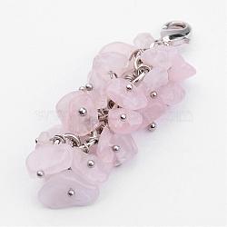 Natural Chip Rose Quartz Pendant Decorations, with Brass Lobster Claw Clasps, Platinum, Pink, 53mm(HJEW-JM00214-01)