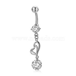 Piercing Jewelry, Brass Cubic Zirciona Navel Ring, Belly Rings, with 304 Stainless Steel Bar, Lead Free & Cadmium Free, Heart, Clear, 48.5mm, Pendant: 26.5x8mm, Bar: 14 Gauge(1.6mm), Bar Length: 3/8"(10mm)(AJEW-EE0006-65A-P)