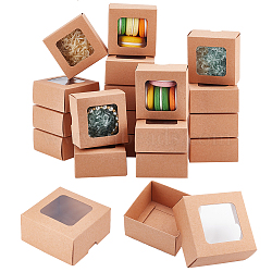 Folding Kraft Paper Cardboard Jewelry Gift Boxes, with PVC Visible Window, Square, BurlyWood, Finished Product: 8x8x4cm(CON-WH0092-25A)