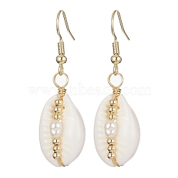 Natural Shell & Pearl Dangle Earrings, Brass Wire Wrap Earrings, Golden, 44x13.5mm(EJEW-JE05435)