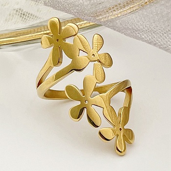 304 Stainless Steel Adjustable Rings for Women, Flower, Real 14K Gold Plated, Adjustable, 29mm