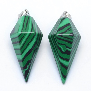 Synthetic Malachite Pointed Pendants, with Brass Findings, Bullet, Platinum, 38.5x16x14.5mm, Hole: 5x8mm