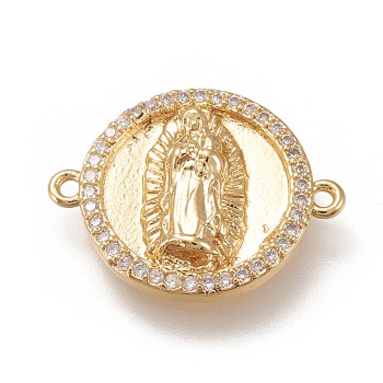 Brass Links Connectors, with Micro Pave Clear Cubic Zirconia, Flat Round with Virgin Mary, Real 18K Gold Plated, 15x19x3mm, Hole: 1mm