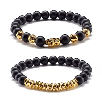 Natural Lava Rock & Synthetic Black Stone & Non-magnetic Hematite Round Beads Energy Stretch Bracelets Set, Hamsa Hand /Hand of Miriam & Rondelle Alloy Beads Bracelets for Men Women, Antique Golden, Inner Diameter: 2-3/8 inch(5.9cm), 2pcs/set