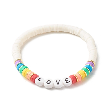 Love Energy Power Stretch Bracelet for Teen Girl Women, Acrylic & Handmade Polymer Clay & Synthetic Hematite Beads Bracelet, Colorful, Inner Diameter: 2-1/4 inch(5.7cm)
