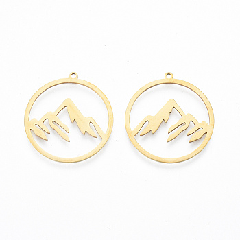 201 Stainless Steel Pendants, Ring with Mountain Charm, Real 18K Gold Plated, 27.5x26x1mm, Hole: 1.4mm