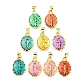 Rack Plating Brass Enamel Pendants, Cadmium Free & Lead Free, Real 18K Gold Plated, Long-Lasting Plated, Oval with Virgin Mary Pattern, Mixed Color, 19x13x3mm, Hole: 3.5x4.5mm