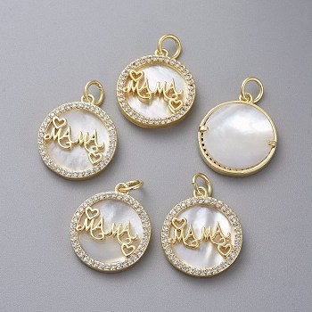 Brass Micro Pave Cubic Zirconia Pendants, with Shell and Jump Rings, Flat Round with Word MAMA, For Mother's Day, Golden, 18x15.5x3mm, Hole: 3.5mm