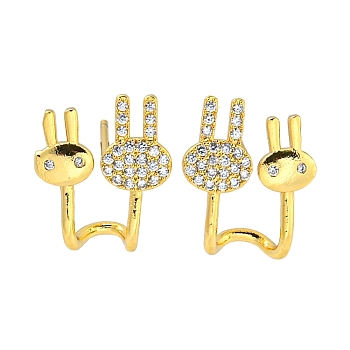 Rack Plating Rabbit Brass Micro Pave Clear Cubic Zirconia Stud Earrings, Cadmium Free & Lead Free, Long-Lasting Plated, Real 18K Gold Plated, 15x12mm