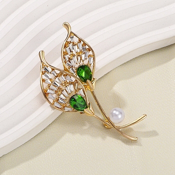 Calla Flower Alloy Crystal & Emerald Rhinestone Brooches, with Imitaiton Pearl, Golden, 68x40mm