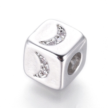 Brass Beads, with Micro Pave Cubic Zirconia, Cube with Moon, Clear, Platinum, 6x6x6mm, Hole: 3mm