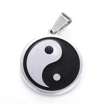 Feng Shui 304 Stainless Steel Pendants, Enamel, Flat Round with Yin Yang, Stainless Steel Color, 28.5x25.5x3mm, Hole: 9.5x5mm